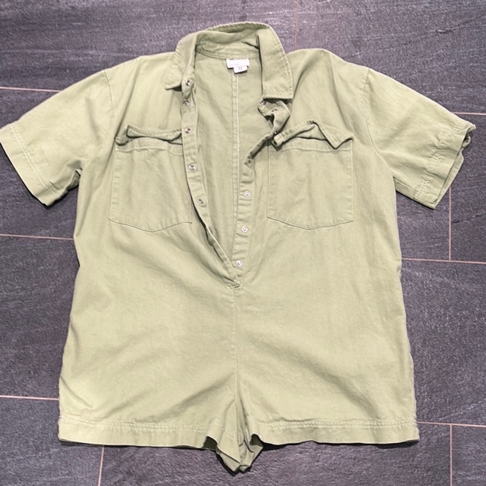 Green Khaki Short Sleeve Boxy Button-Up utility Romper